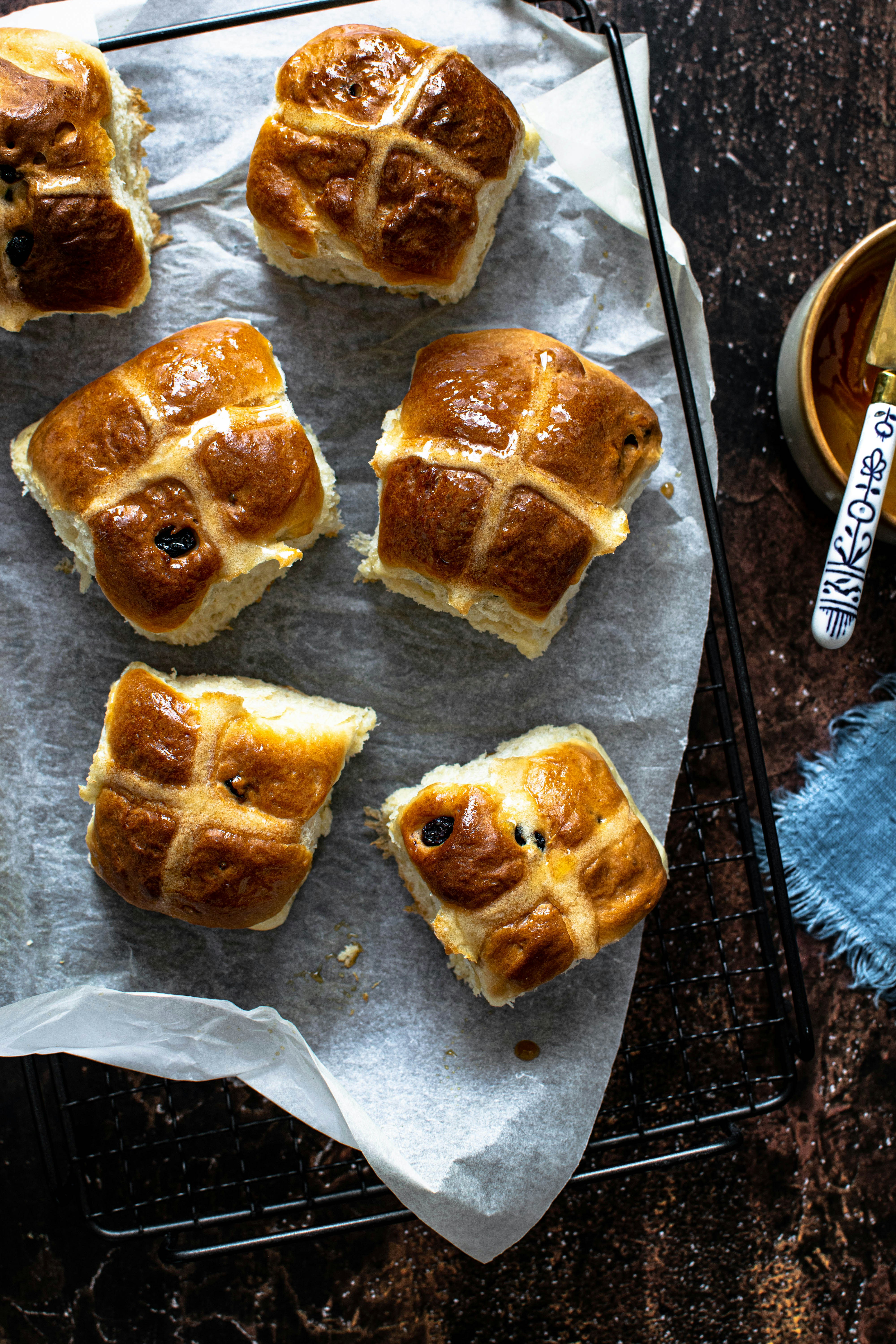 tray of rustic hot cross buns ready for eating